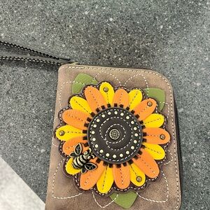 Chala Brown Wristlet with Orange and Yellow Sunflower